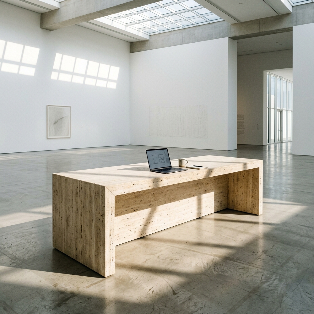 Monolithic travertine workspace table